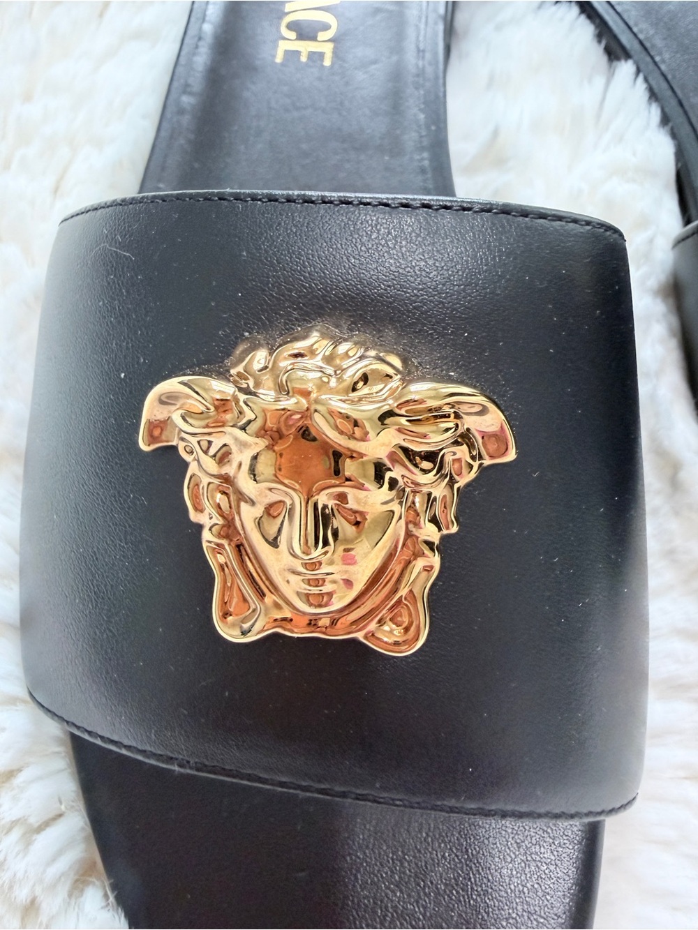 Versace Black Leather Slides with Gold Medusa Emblem NWOT no box - Picture 2 of 5